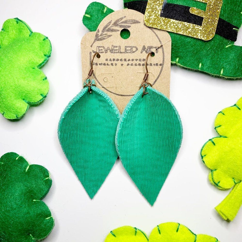JEWELED ART Handcrafted | Emerald Petal Leather Earrings | Shamrock Collection🍀